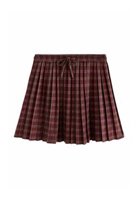 Sarkana pleda svārku ar krokām, elastīgu jostasvietu un auklas detaļu. Tajā ir vertikālas un horizontālas līnijas kontrastējošās gaišās krāsās.