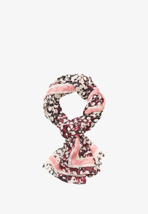 Leichter Schal mit einem Tiermotiv in Rosa, Rot und Schwarz, umrandet von einem einfarbigen rosa Rand. Weicher, strukturierter Stoff in einem lässigen Fallestyle.