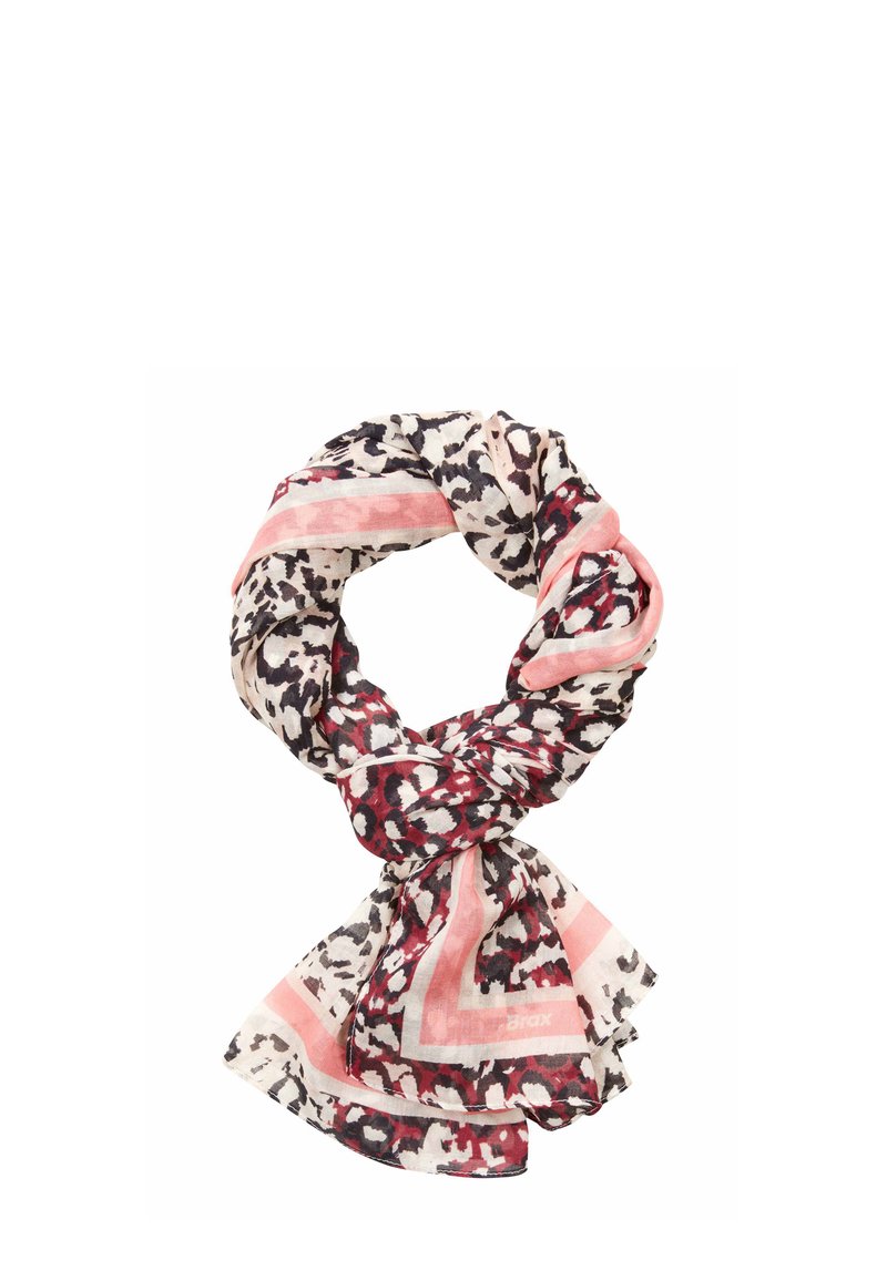 Leichter Schal mit einem Tiermotiv in Rosa, Rot und Schwarz, umrandet von einem einfarbigen rosa Rand. Weicher, strukturierter Stoff in einem lässigen Fallestyle.