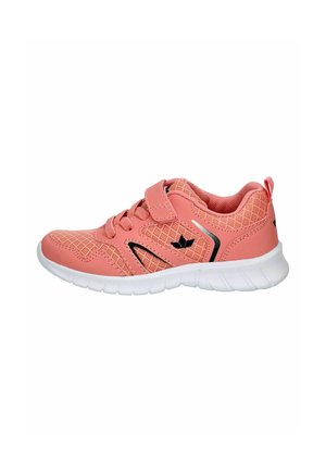 Pink children's athletic shoe with mesh fabric, Velcro strap, black logo, and white cushioned sole against a white background.