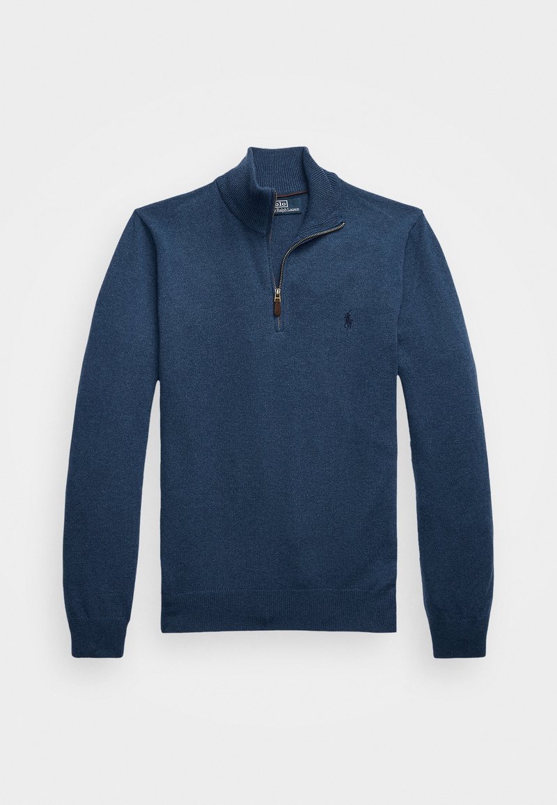 Pull pour homme bleu marine à manches longues avec fermeture éclair quart et col montant, comportant un petit logo brodé sur la poitrine.