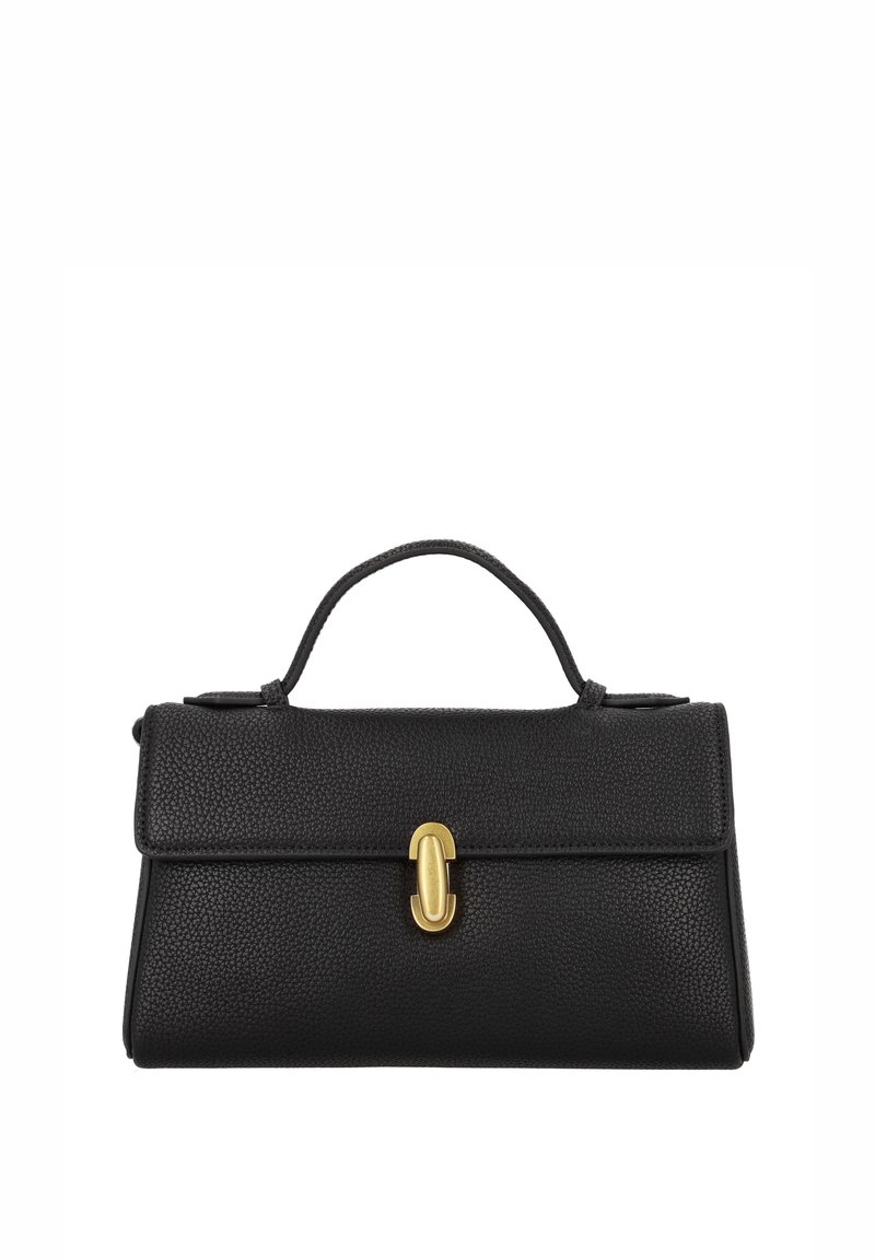 Schwarze Lederhandtasche mit strukturierter Form, strukturierter Oberfläche, oberem Griff und Verschluss aus goldfarbenem Metall vorne.