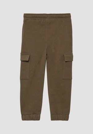 Bruine katoenen joggingbroek met elastische Tailleband, aansluitende enkels en twee zijvakjes voor opbergruimte. Zachte textuur en regular fit.