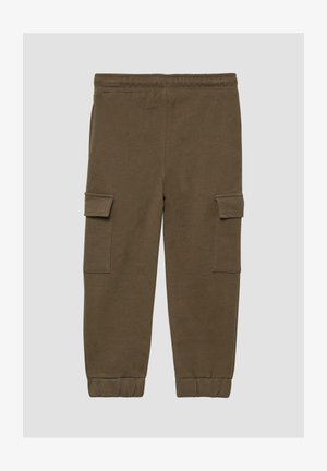 Pantalons de survêtement en coton marron avec taille élastique, chevilles côtelées et deux poches cargo latérales pour le rangement. Texture douce et coupe regular.