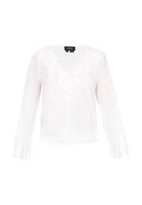 Blusa bianca a maniche lunghe con scollo a V, rifiniture arricciate lungo il davanti e chiusura con bottoni. Realizzata in tessuto leggero e morbido.