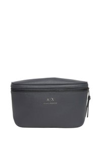 Borsetta cosmetica grigia con texture e chiusura a zip, dalle forme arrotondate e dotata di un logo dorato "A|X" sulla parte frontale. Materiale liscio e resistente.