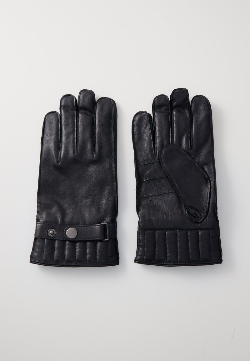 Zwarte leren handschoenen met een gladde afwerking, gestepte pols, drukknoopdetail en een ontwerp met vijf vingers. De linkerste handschuh heeft een aparte duimsectie.