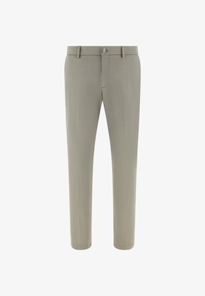 Hellgraue, maßgeschneiderte Herrenhose mit Gürtelschlaufen, Knopfverschluss und schmal geschnittenen, geraden Beinen, vor weißem Hintergrund von vorne gezeigt.