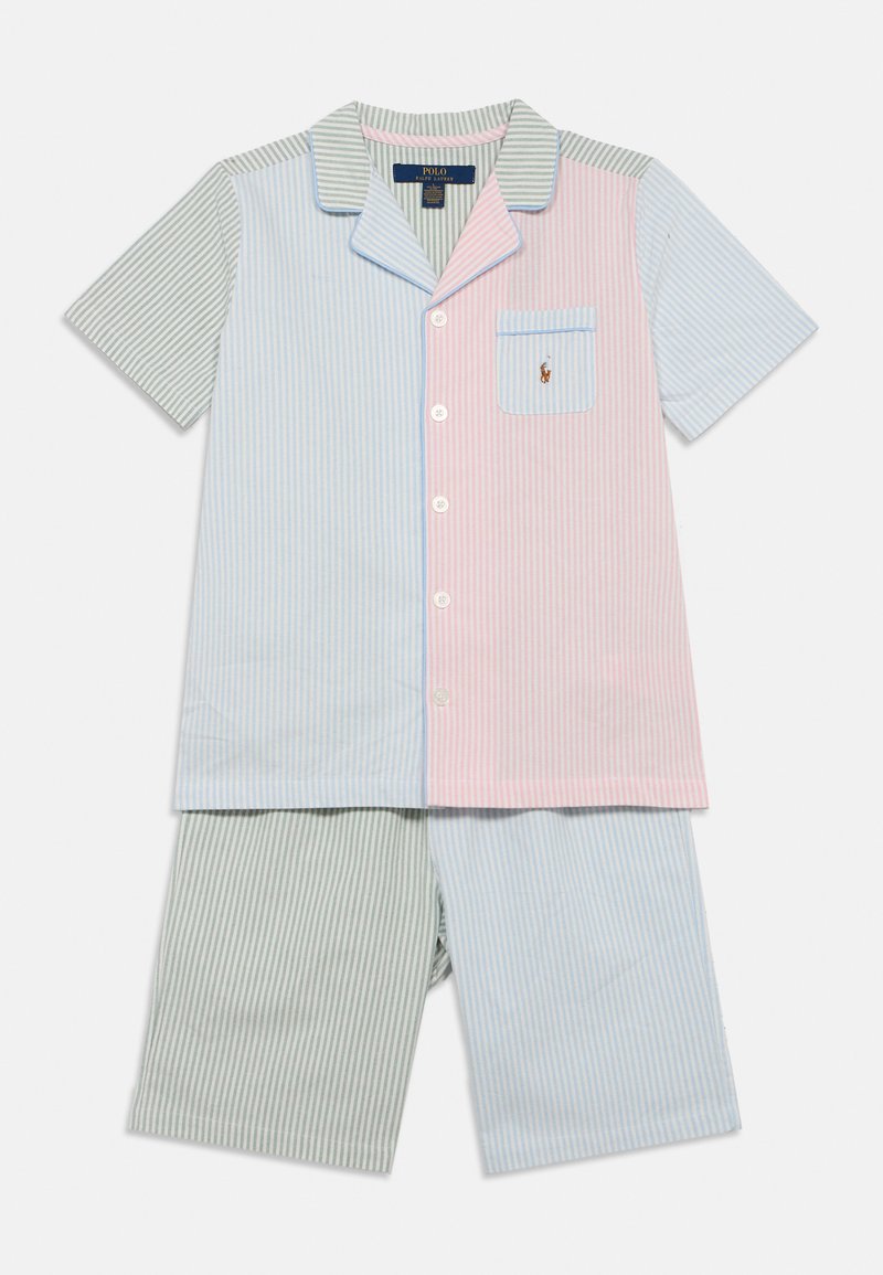 Komplet piżamowy z krótkim rękawem w mieszance pastelowych kolorów: jasnoniebieski, różowy i zielone paski. Z kieszenią na piersi i zapięciem na guziki z przodu.