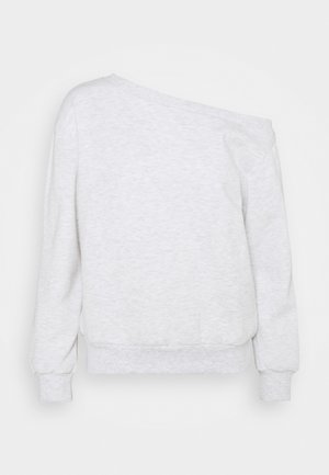 Jasnoszara bluza o luźnym kroju, z opadającym dekoltem i ściągaczami na rękawach, wykonana z miękkiego, fakturowanego materiału.