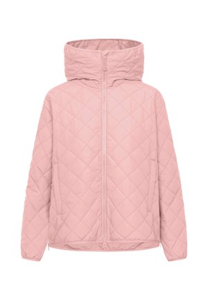 Hellrosa gesteppte Jacke mit Kapuze, Frontreißverschluss, Seitentaschen und langen Ärmeln, entworfen für kaltes Wetter.