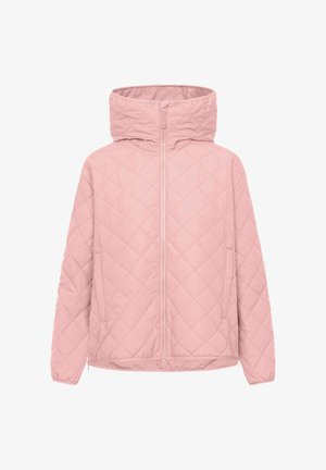 Hellrosa gesteppte Jacke mit Kapuze, Frontreißverschluss, Seitentaschen und langen Ärmeln, entworfen für kaltes Wetter.