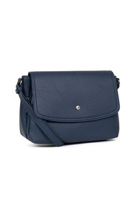 Borsa a tracolla in pelle blu navy con finitura testurizzata, chiusura a patta e bottone a pressione argentato. Cinghia regolabile per versatilità.