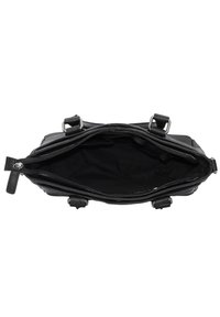 Zwarte leren handtas met ritsluiting, ruime binnenkant, zilveren hardware en dubbele handvatten. Binnenkant is gevoerd met zwarte stof.