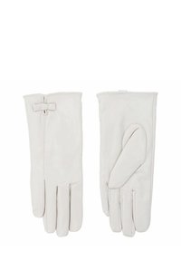 Guanti in pelle bianca con una texture liscia, caratterizzati da un piccolo dettaglio a fiocco e un design strutturato. Quattro compartimenti per le dita e un'apertura per il pollice.