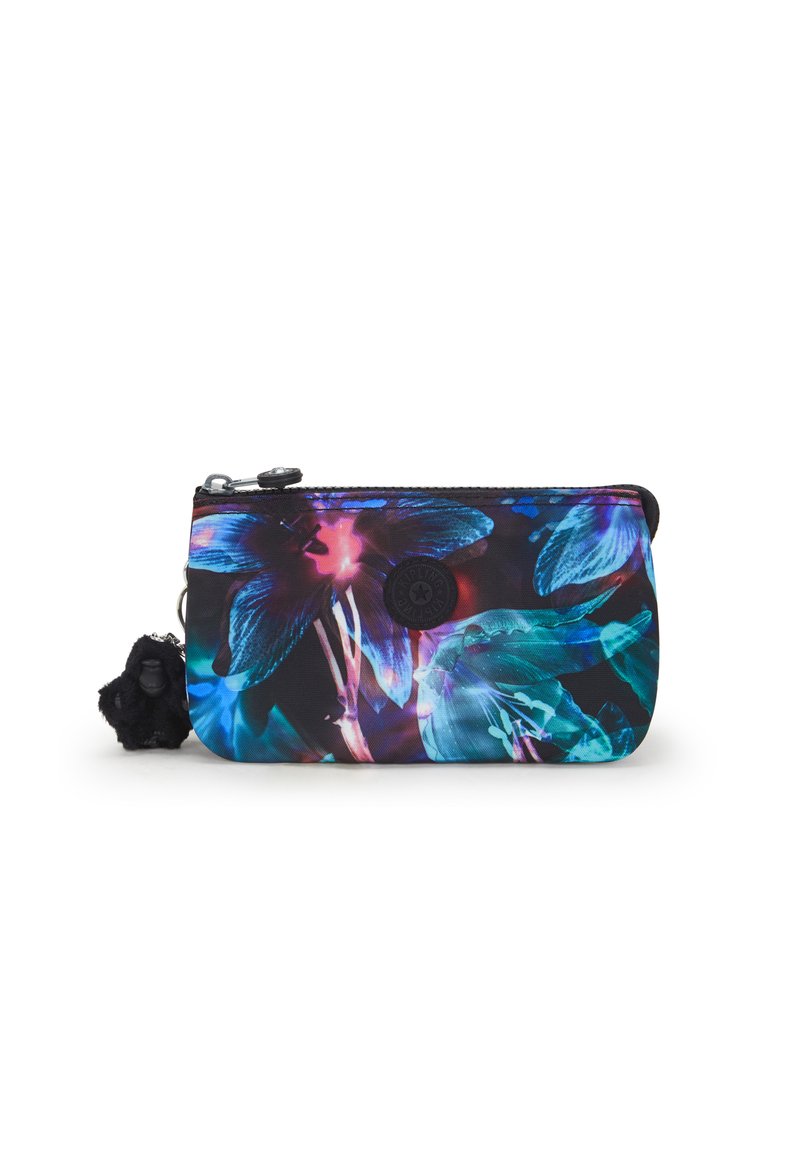 Kompakt zippered pouch med ett blommönster i livfulla färger mot en svart bakgrund, med en plysch svart gorilla som dragkedjehandtag.