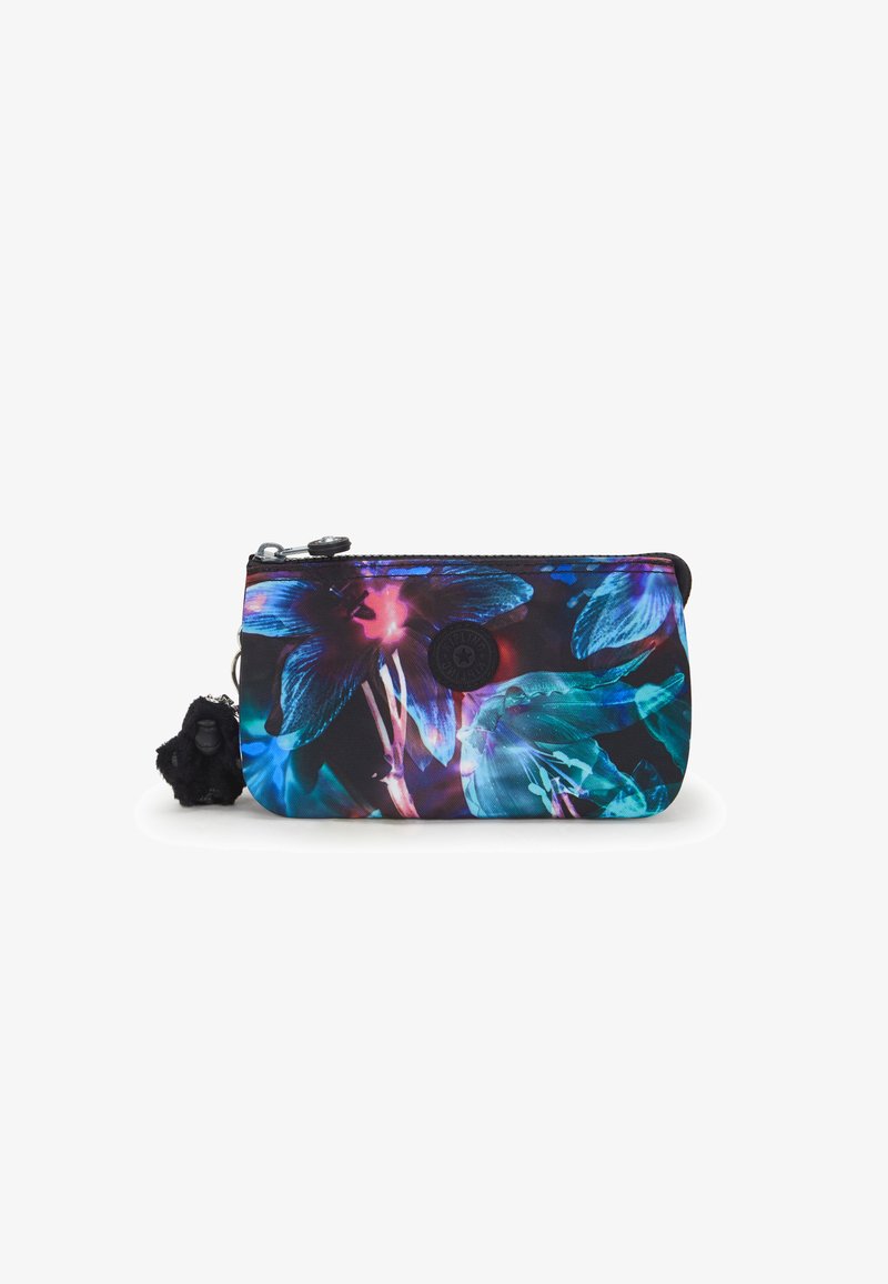Bolsa compacta con cremallera que presenta un patrón floral en colores vibrantes sobre un fondo negro, con un tirador de cremallera en forma de gorila negro de peluche.