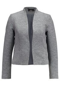 Blazer gris avec un tissu texturé, design à ouverture devant, manches longues, sans fermetures, avec une doublure intérieure gris foncé.