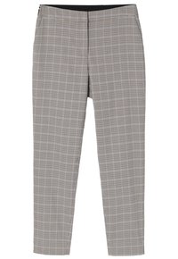 Pantalons à chevrons gris et noir avec une coupe droite, dotés d'une taille ajustée et d'une texture de tissu lisse.