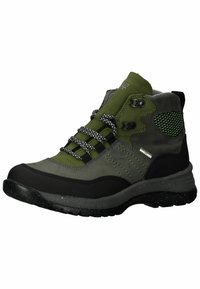 Groene en grijze hoge wandelschoenen met zwarte zool en gestructureerde accenten. Voorzien van sterke veters, meshpanelen en versterkte ogen.