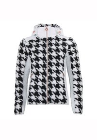 Zwart-wit houndstooth fleecejack met een rits aan de voorkant, een capuchon en lichtgrijze panelen. Beschikt over ritszakken aan de zijkanten en verwerkte hardware.