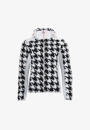 Sort-hvid houndstooth fleecejakke med lynlås foran, hætte og lys grå paneler. Har lynlåslommer i siden og accentueret hardware.