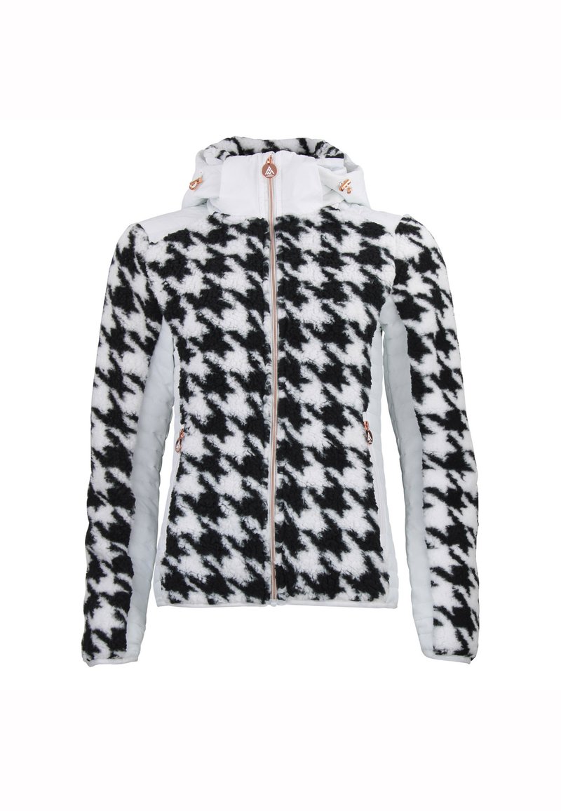 Zwart-wit houndstooth fleecejack met een rits aan de voorkant, een capuchon en lichtgrijze panelen. Beschikt over ritszakken aan de zijkanten en verwerkte hardware.