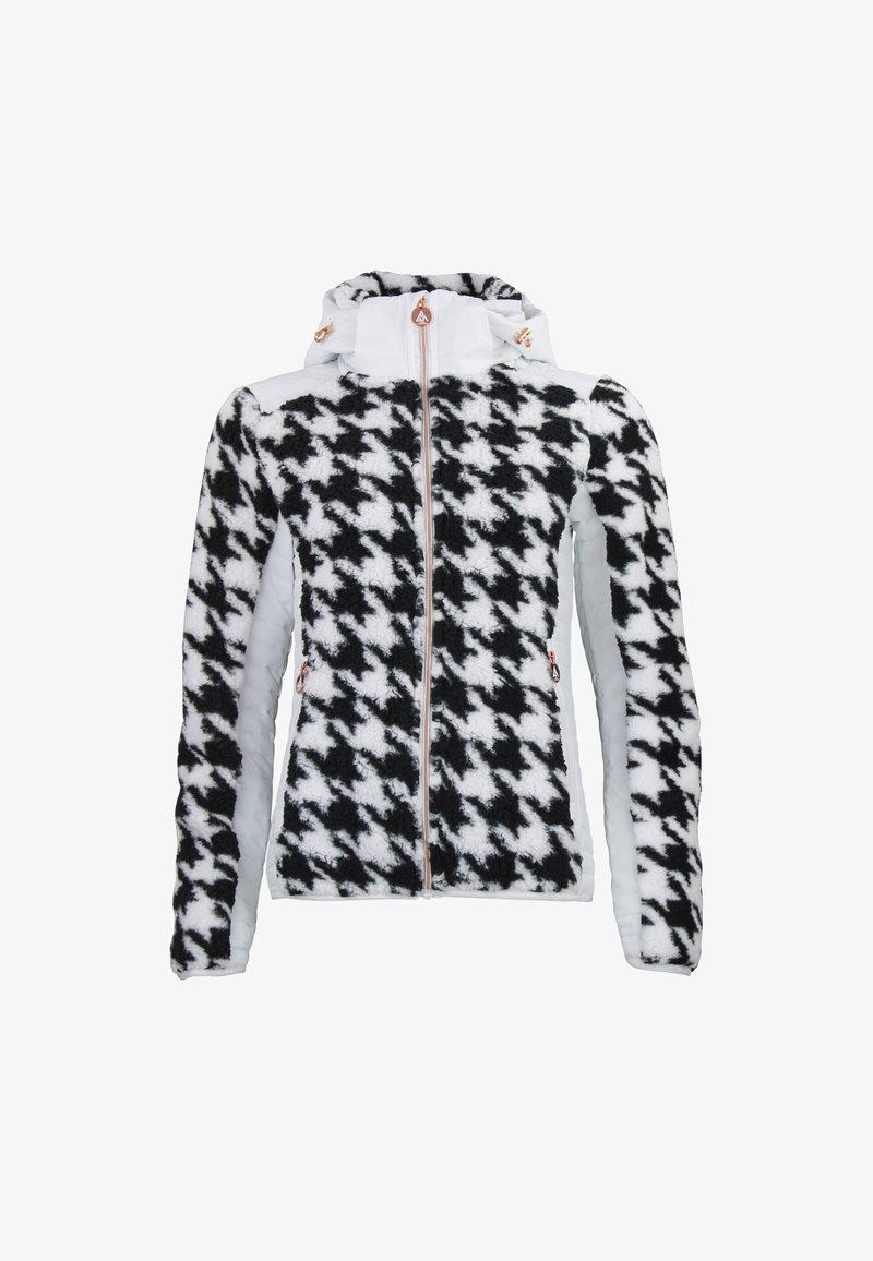 Zwart-wit houndstooth fleecejack met een rits aan de voorkant, een capuchon en lichtgrijze panelen. Beschikt over ritszakken aan de zijkanten en verwerkte hardware.