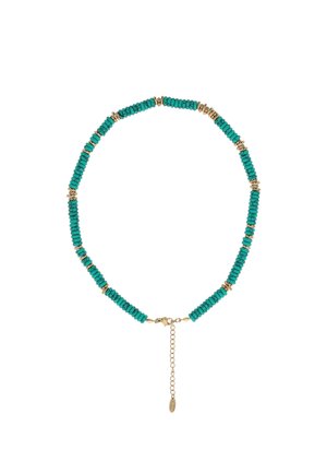 Turquoise en gouden kralenketting met ronde schijfvormige kralen en een verstelbare gouden kettingsluiting aan het uiteinde.