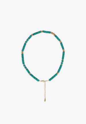 Collana di perline turchesi e dorate con perle a disco rotondo e chiusura a catena dorata regolabile alla fine.