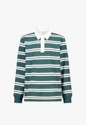 Camisa de rugby verde de manga larga con rayas horizontales blancas y cuello y tapeta blancos.
