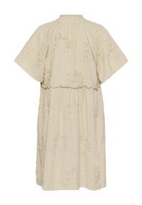 Robe midi à manches courtes de couleur crème avec col montant, broderie florale en relief, taille froncée et délicates inserts en dentelle sur le panneau arrière.