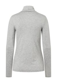 Graues Langarm-Turtleneck-Oberteil aus weichem, dehnbarem Stoff. Verfügt über ein enges Design mit glatter Textur und ohne sichtbare Muster oder Akzente.