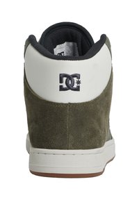 High-top sneaker featuring olive suede and white leather panels, with a dark navy logo on the heel and a textured rubber sole.