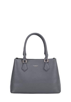 Borsa in pelle grigia con due manici superiori, dettagli in metallo dorato, texture a granuli e forma esagonale nei punti di attacco dei manici.