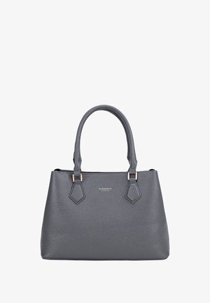 Borsa in pelle grigia con due manici superiori, dettagli in metallo dorato, texture a granuli e forma esagonale nei punti di attacco dei manici.