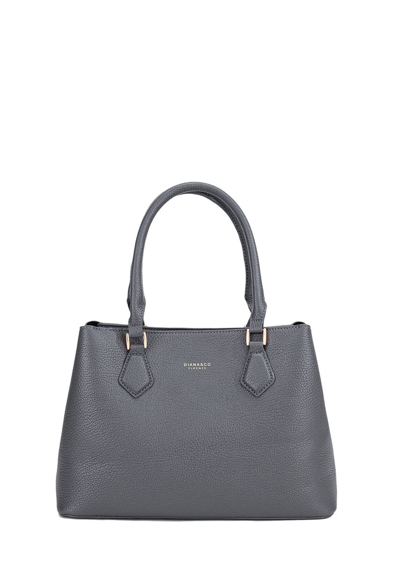 Borsa in pelle grigia con due manici superiori, dettagli in metallo dorato, texture a granuli e forma esagonale nei punti di attacco dei manici.