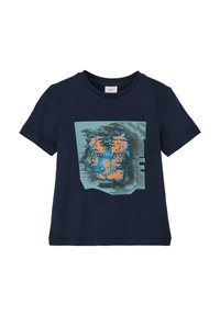 Marineblaues Baumwoll-T-Shirt mit einem abstrakten Tiger-Graphic in Türkis und Orange. Kurze Ärmel und Rundhalsausschnitt.
