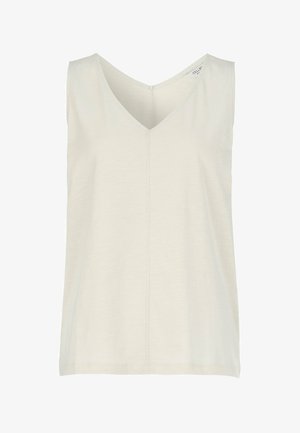 Haut beige sans manches à col en V avec détail de couture centrale, en tissu doux et léger, adapté pour un usage décontracté.