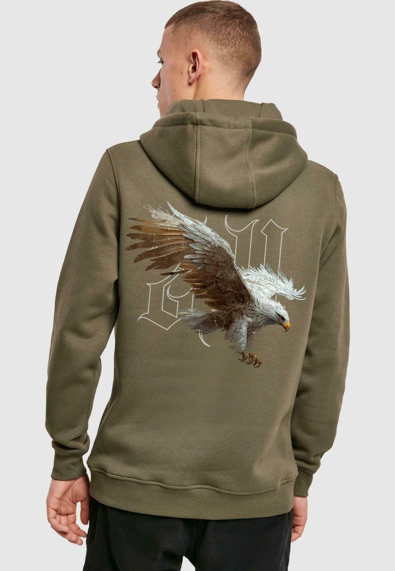 Olivgrünes Hooded Sweatshirt mit einem Adler-Graphic und detaillierten Federn auf dem Rücken, gerippten Bündchen und Saum.