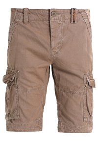 Bermudas cargo caqui hechas de algodón, con cierre de botón, múltiples bolsillos y un ajuste relajado con detalles de costura visibles.