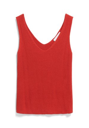 Rode geribbelde tanktop met een diepe V-hals en brede schouderbanden, gemaakt van rekbare brei stof voor een getailleerde pasvorm.