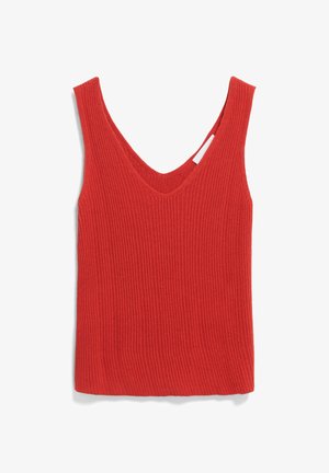 Rode geribbelde tanktop met een diepe V-hals en brede schouderbanden, gemaakt van rekbare brei stof voor een getailleerde pasvorm.