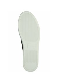 Biała gumowa podeszwa buta casualowego z bieżnikiem w kształcie fali i prostokątnym tłoczonym logo na środkowej części stopy.