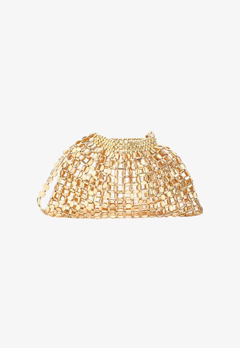Gouden metallic mesh clutch tas met een gestructureerd ontwerp, ronde bovenkant en een kettingriem. Opvallende ronde accenten door het hele ontwerp.
