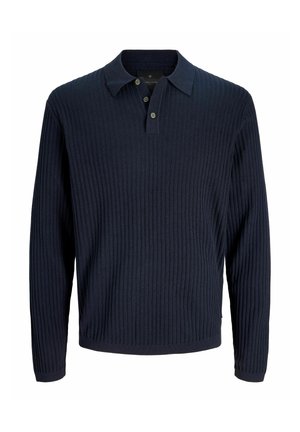 Jersey de punto acanalado azul marino con mangas largas, cuello y tres botones en la parte frontal.