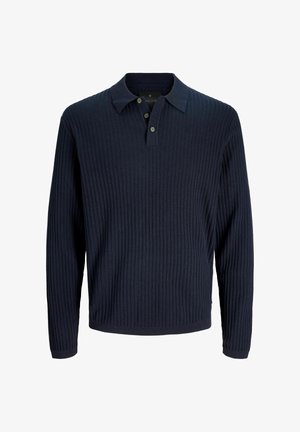 Navy plavi džemper s rebrastim pletivom, dugim rukavima, ovratnikom i prednjim dijelom s tri gumba.