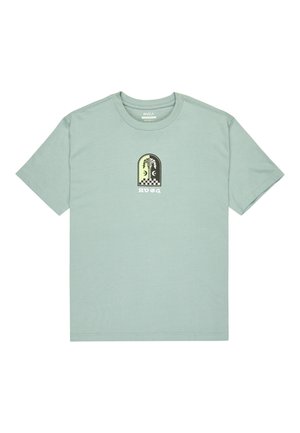 Light green cotton t-shirt featuring a central graphic with a patterned border and logo text below. Short sleeves and crew neckline.