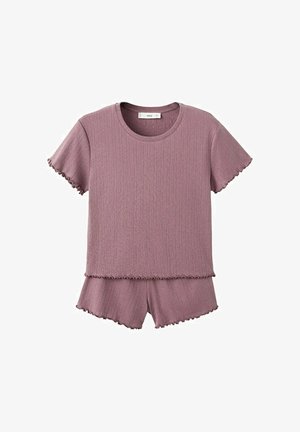 Fialovorůžový žebrovaný pletený top s krátkým rukávem a odpovídající kraťasy s okraji ve stylu listového lemu.