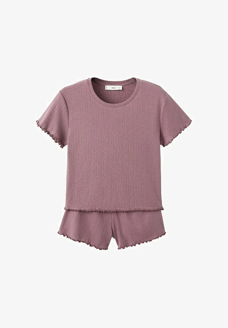 Sada z modrofialového rebrovaného pleteného topu s krátkym rukávom a zodpovedajúcich šortiek s lemami v tvare šalátového okraja.